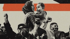Illustration of activists and refugee family