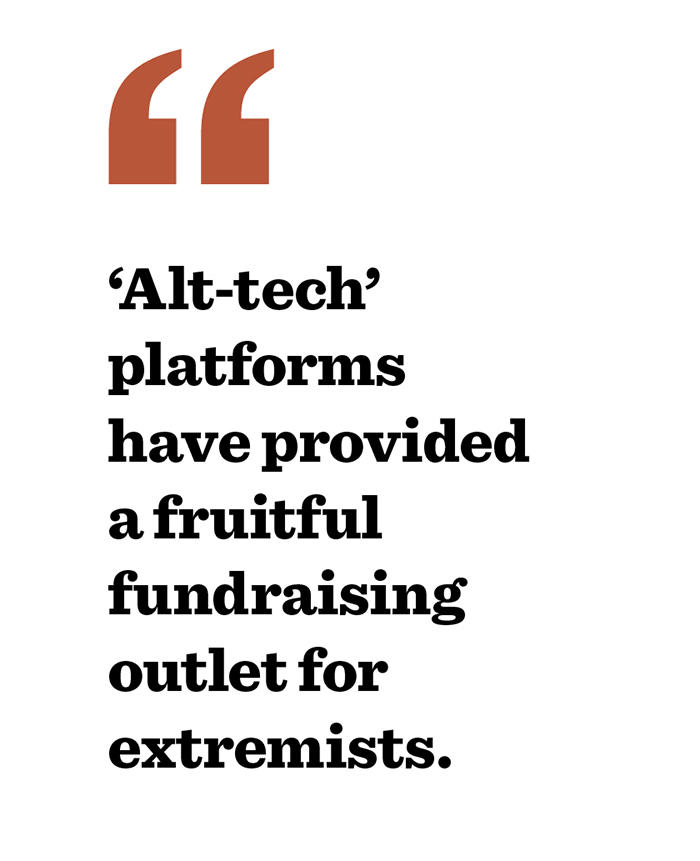 Text: Alt-tech platforms have provided a fruitful fundraising outlet for extremists