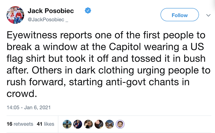 Tweet feeding into a disinformation campaign that antifa stormed the Capitol building