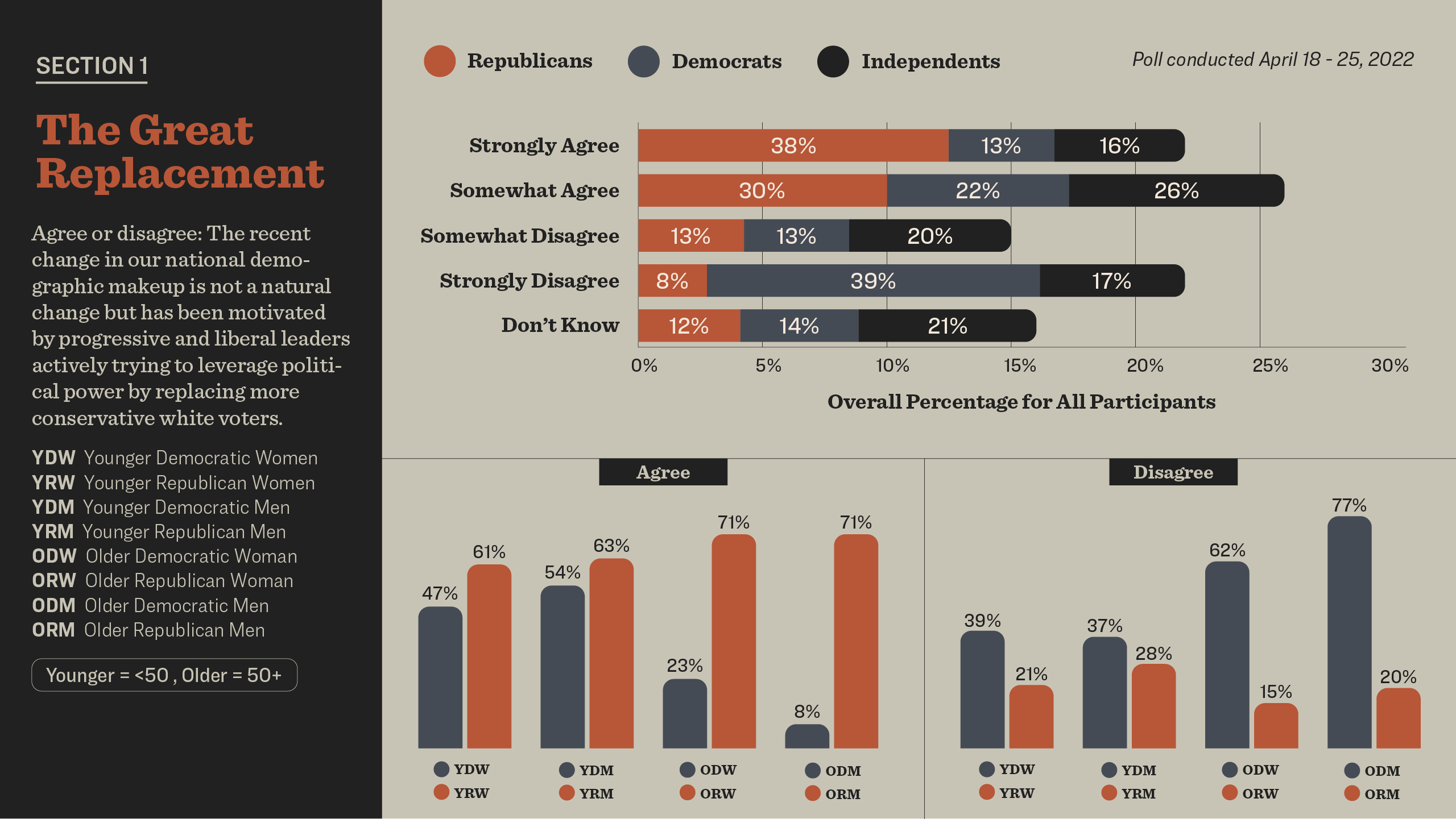 multiple charts showing demographic breakdown of people who support "great replacement" theory